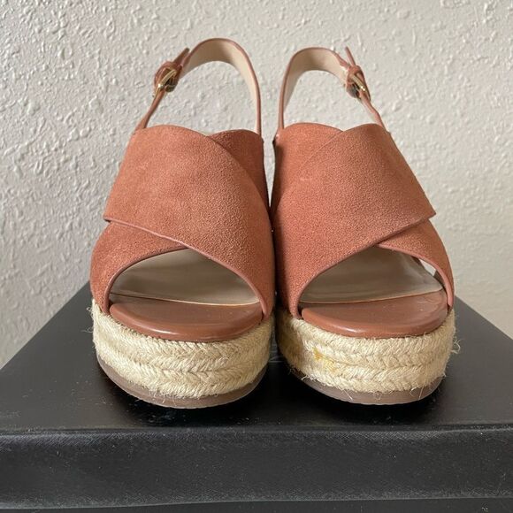 NIB H by Halston Cognac Wedge Suede Sandals Size 7.5M - Picture 7 of 10